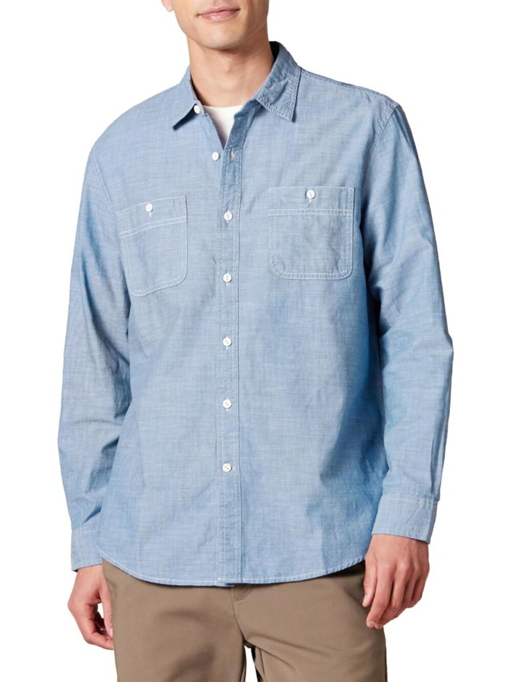 Men's Regular-Fit Long-Sleeve Lightweight Cotton Chambray Shirt with Pockets